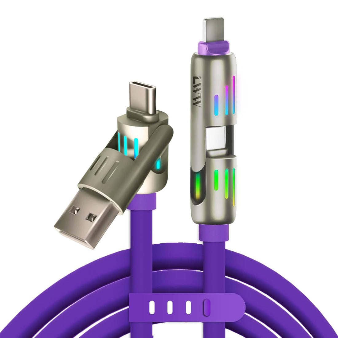 240W 4-In-1 USB C Multi Charger Cable with LED Indicator, PD 5A Fast Charging & Data Sync, Silicone, Compatible for Iphone, Samsung, Laptop, 4FT (Purple)