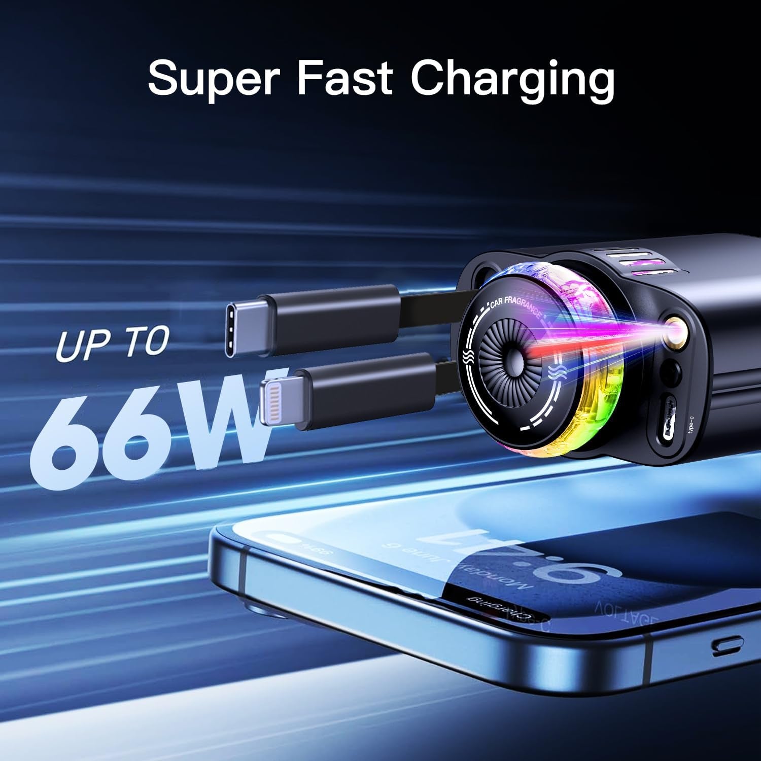 Retractable Car Charger with Starlight Essential Oil Diffuser, USB C Car Charger Adapter, Compatible with Iphone 16/16 Pro Max/15/14/13/12/11, Samsung Galaxy S24/S23/S22/S21, Pixel