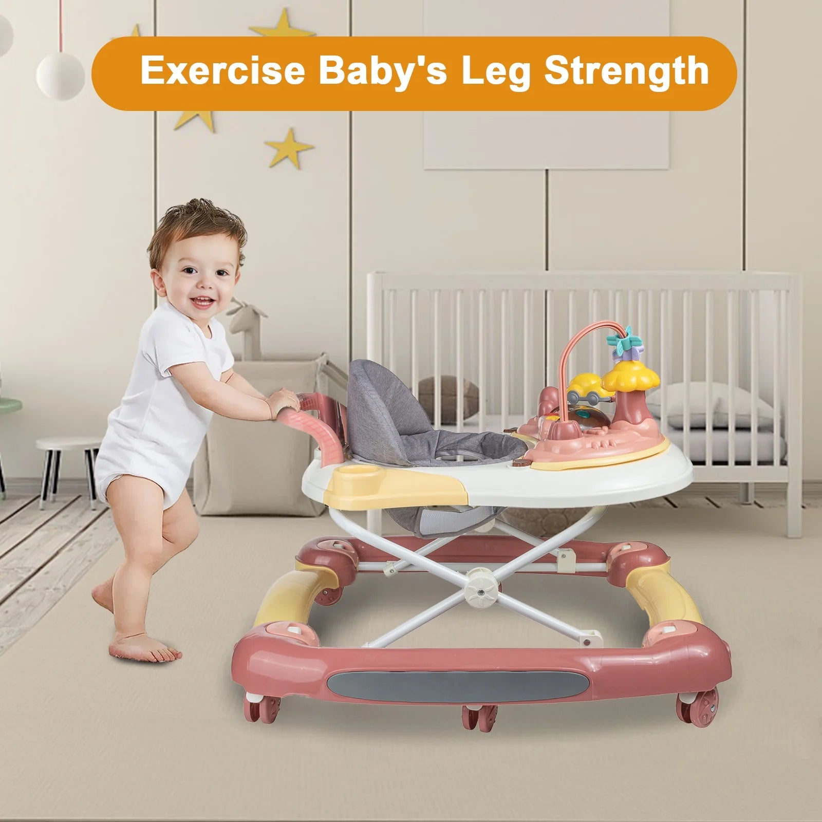 5-In-1 Baby Walker with Wheels,Infant Toddler Walkers Bouncer for Boys Girls,Pink