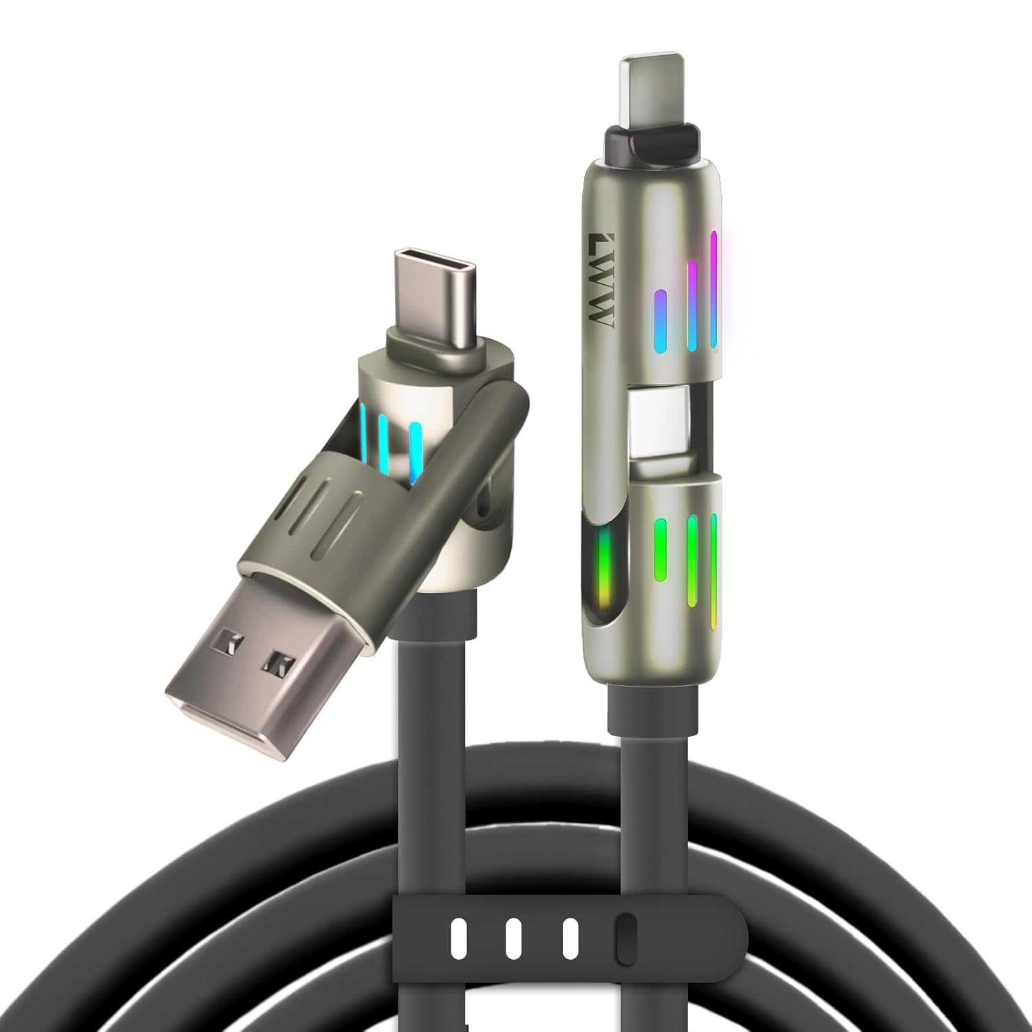 240W 4-In-1 USB C Multi Charger Cable with LED Indicator, PD 5A Fast Charging & Data Sync, Silicone, Compatible for Iphone, Samsung, Laptop, 4FT (Purple)