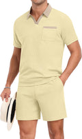 Men'S Summer Track Suits Waffle Knit Polo Shirt and Shorts Set Casual 2 Pieces Outfits with Pockets