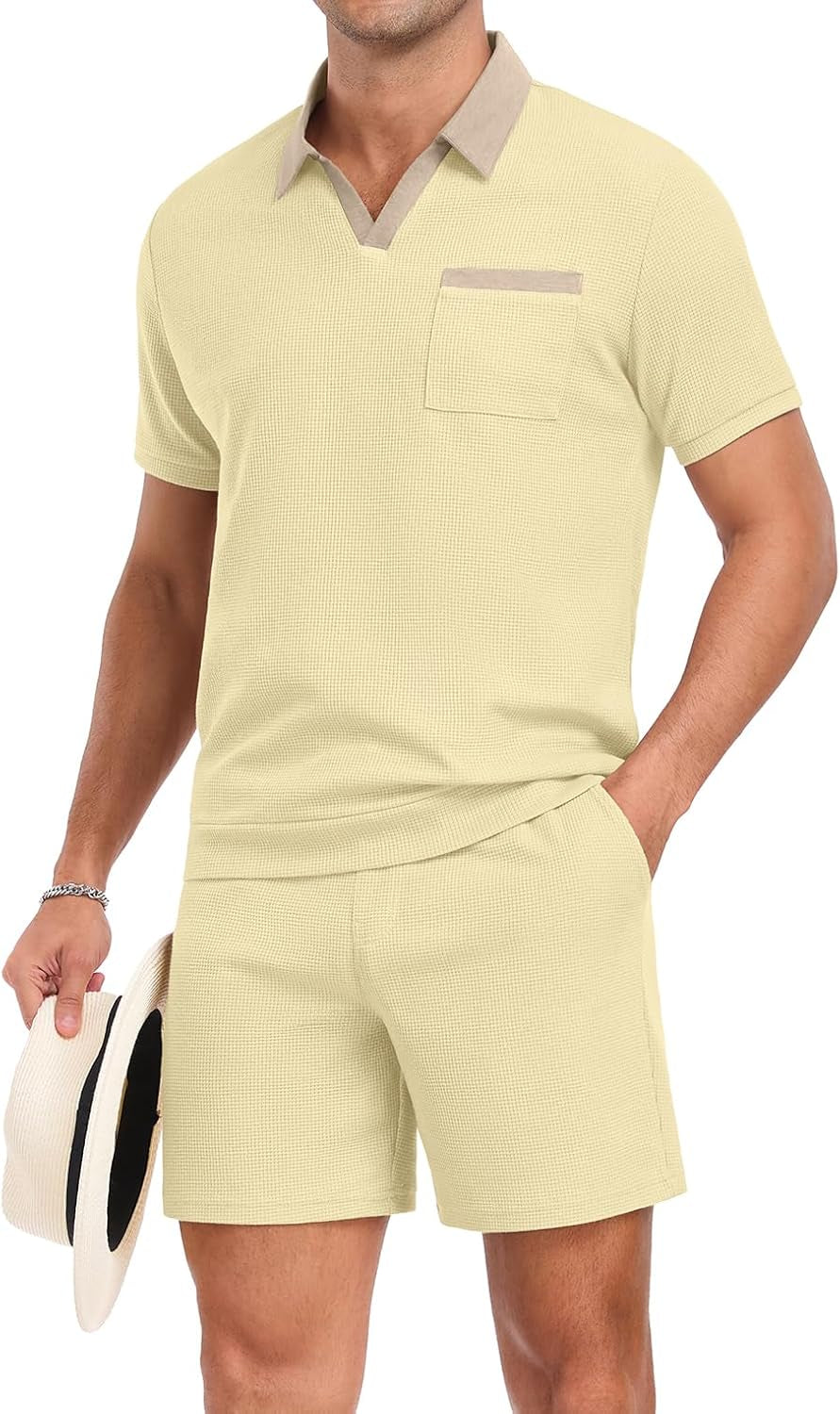 Men'S Summer Track Suits Waffle Knit Polo Shirt and Shorts Set Casual 2 Pieces Outfits with Pockets