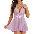Lingerie for Women Lace Chemise Halter V Sexy Sleepwear with Garter Belt with Thong, Purple M