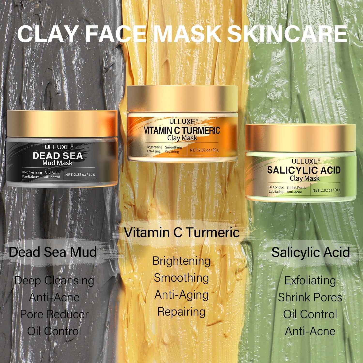 Facial Clay Mask Set - Vitamin C Face Mask with Turmeric, Dead Sea Mud & Salicylic Acid Mask for Pores Cleansing, Blackheads, Dark Spots, Brightening, Face Masks Skincare Gift for Women, 2.82 Oz Each