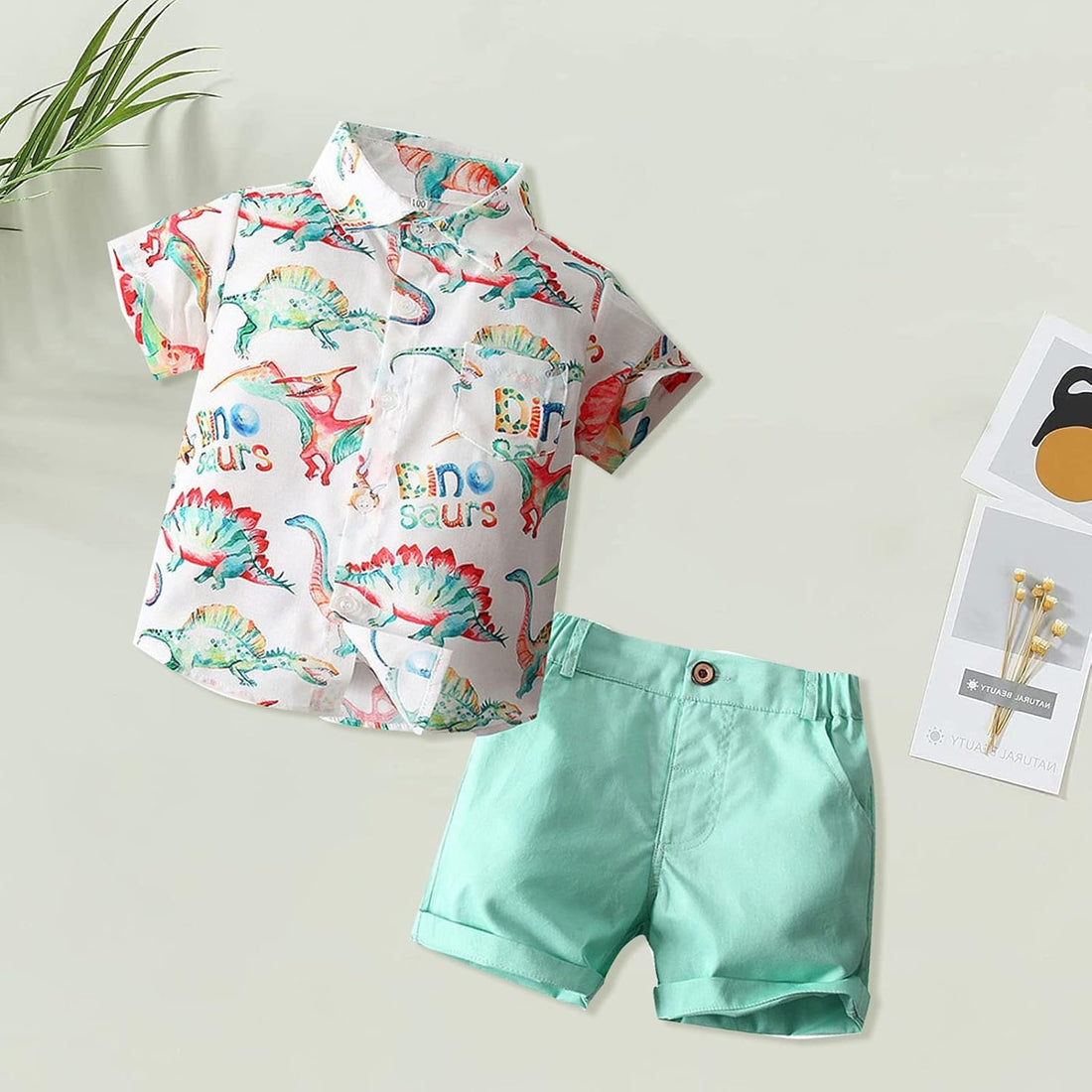 Children Clothes Set Boys Dinosaur Shirt Shorts Set Children'S Short Sleeve Colorful Dinosaur Shirt (Green, 2-3 Years)