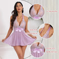 Lingerie for Women Lace Chemise Halter V Sexy Sleepwear with Garter Belt with Thong, Purple M