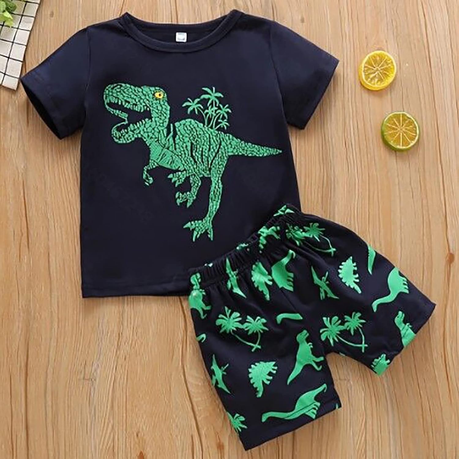 2023 Toddler Kids Boys Summer Short Sleeve Dinosaur T Shirts Tops Shorts Outfits Clothes Set 2 to 7 (1-Green, 2 Years)
