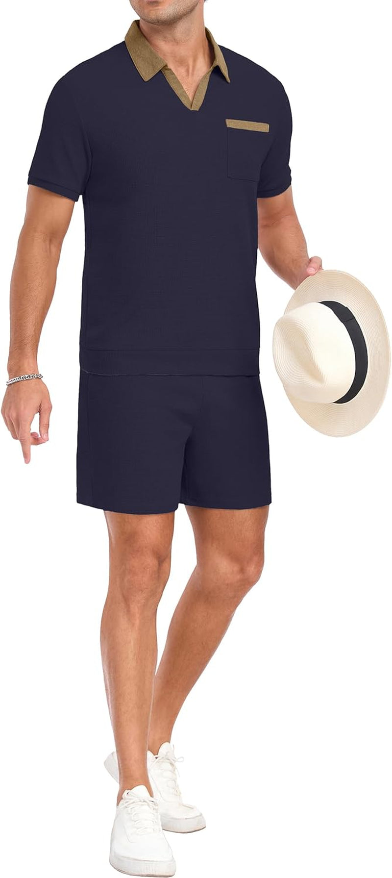 Men'S Summer Track Suits Waffle Knit Polo Shirt and Shorts Set Casual 2 Pieces Outfits with Pockets