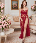 Women Sexy Lingerie Lace High Slit Maxi Long Gown Sheer Dress with Underwire S-4XL