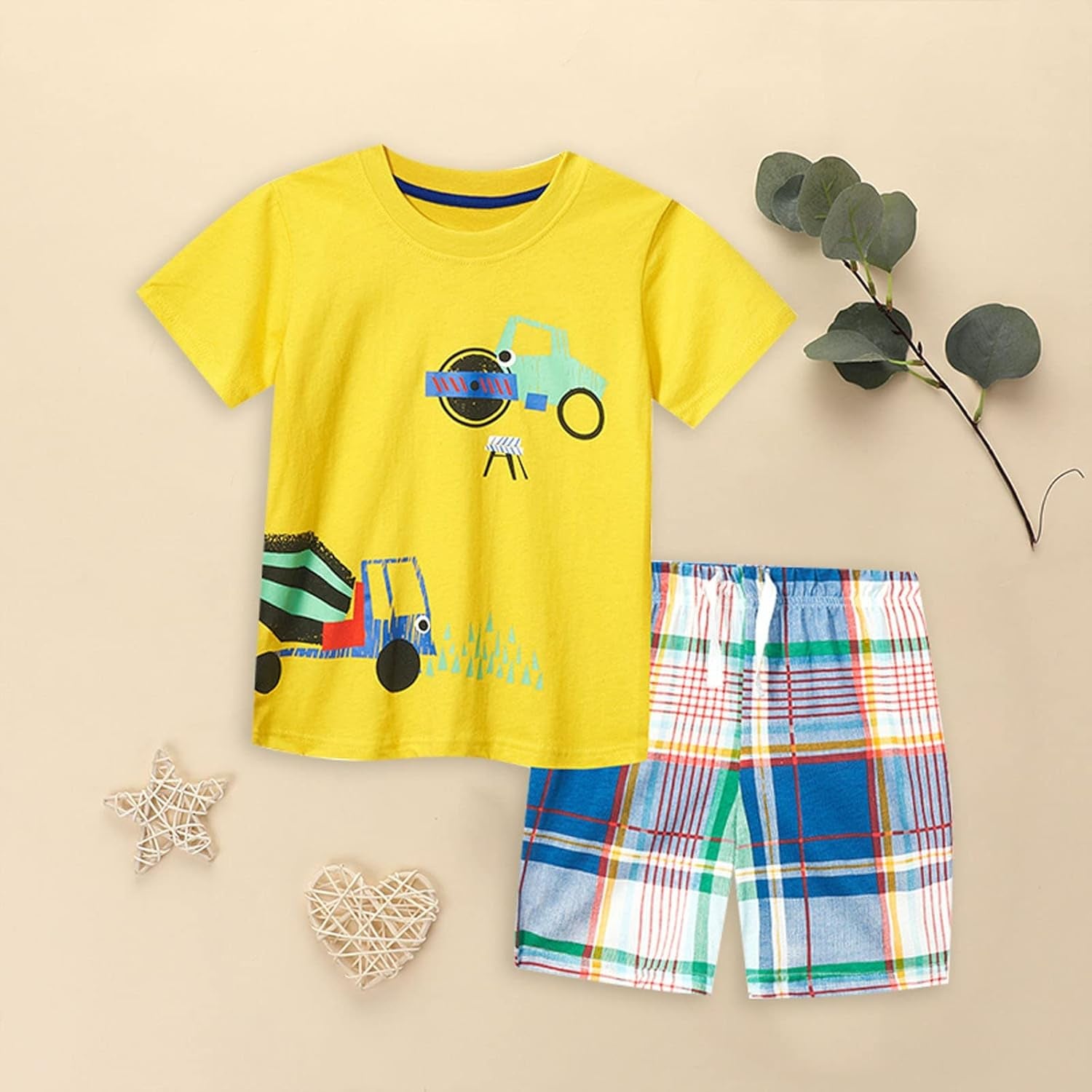 Cute Children Clothes Set 1 to 7 Years Summer Boy'S Short Sleeve Shorts Car Pattern Two Piece (Yellow, 2-3 Years)