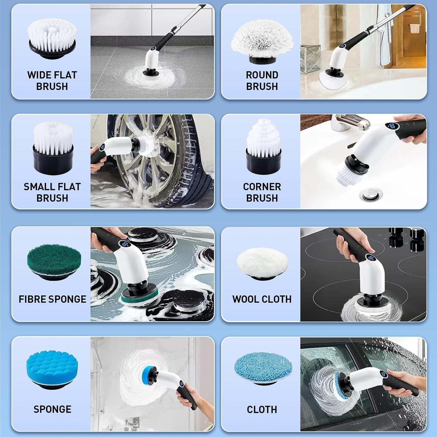 Electric Spin Scrubber, Cordless Cleaning Brush with 8 Replaceable Brush Heads, Shower Cleaning Brush, Power Scrubber with 3 Adjustable Speeds,Adjustable & Detachable Long Handle,Voice Prompt