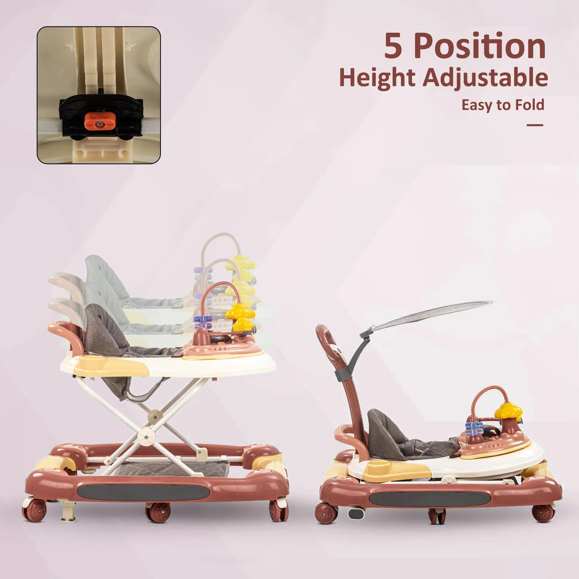 5-In-1 Baby Walker with Wheels,Infant Toddler Walkers Bouncer for Boys Girls,Pink