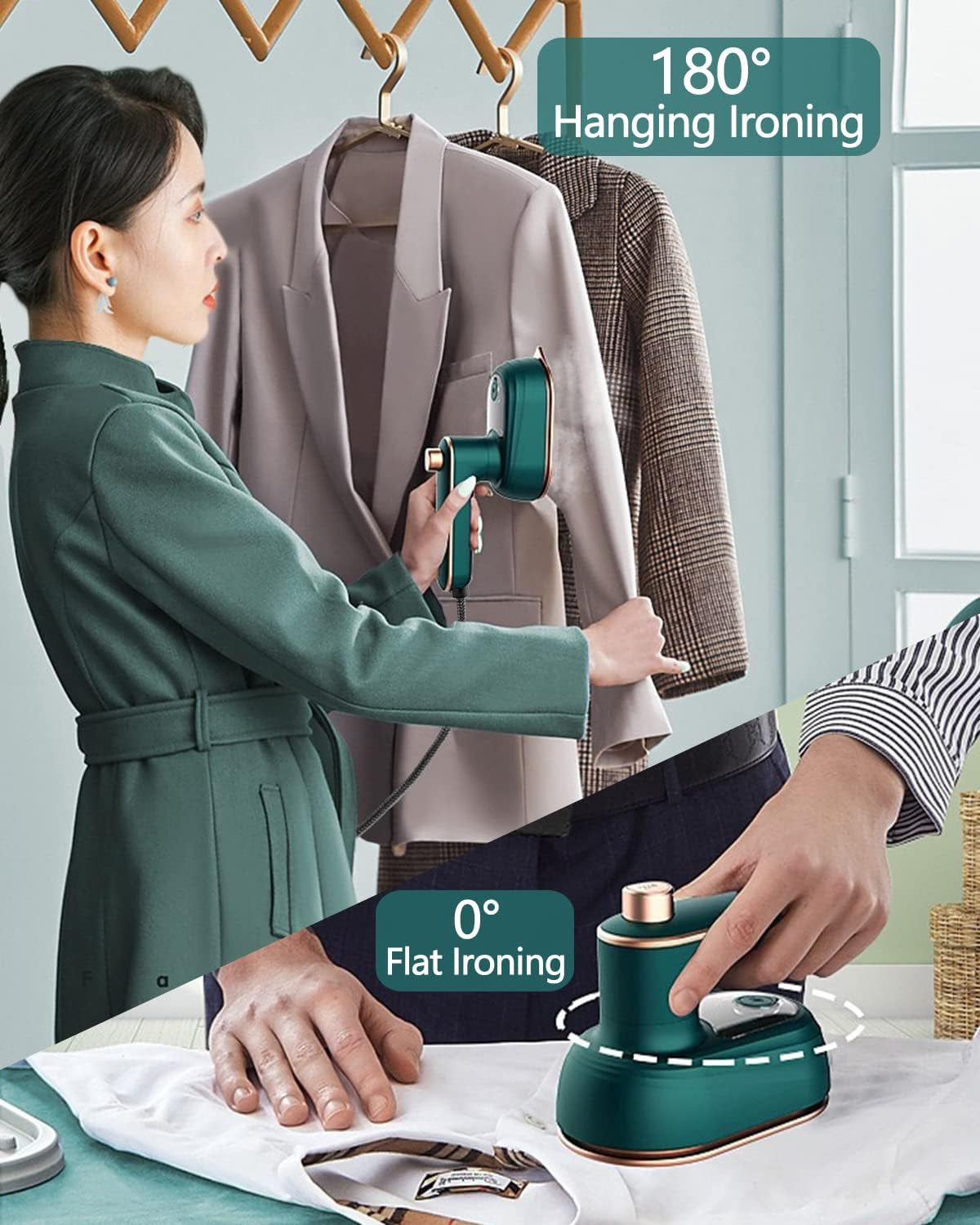 Professional Travel Iron for Clothes, Mini Ironing Machine Handheld Can Be Rotated 180 Degrees, Household Fast Heating Wired Small Electric Iron, Portable Heat Press Clothing Iron Machine (Green)