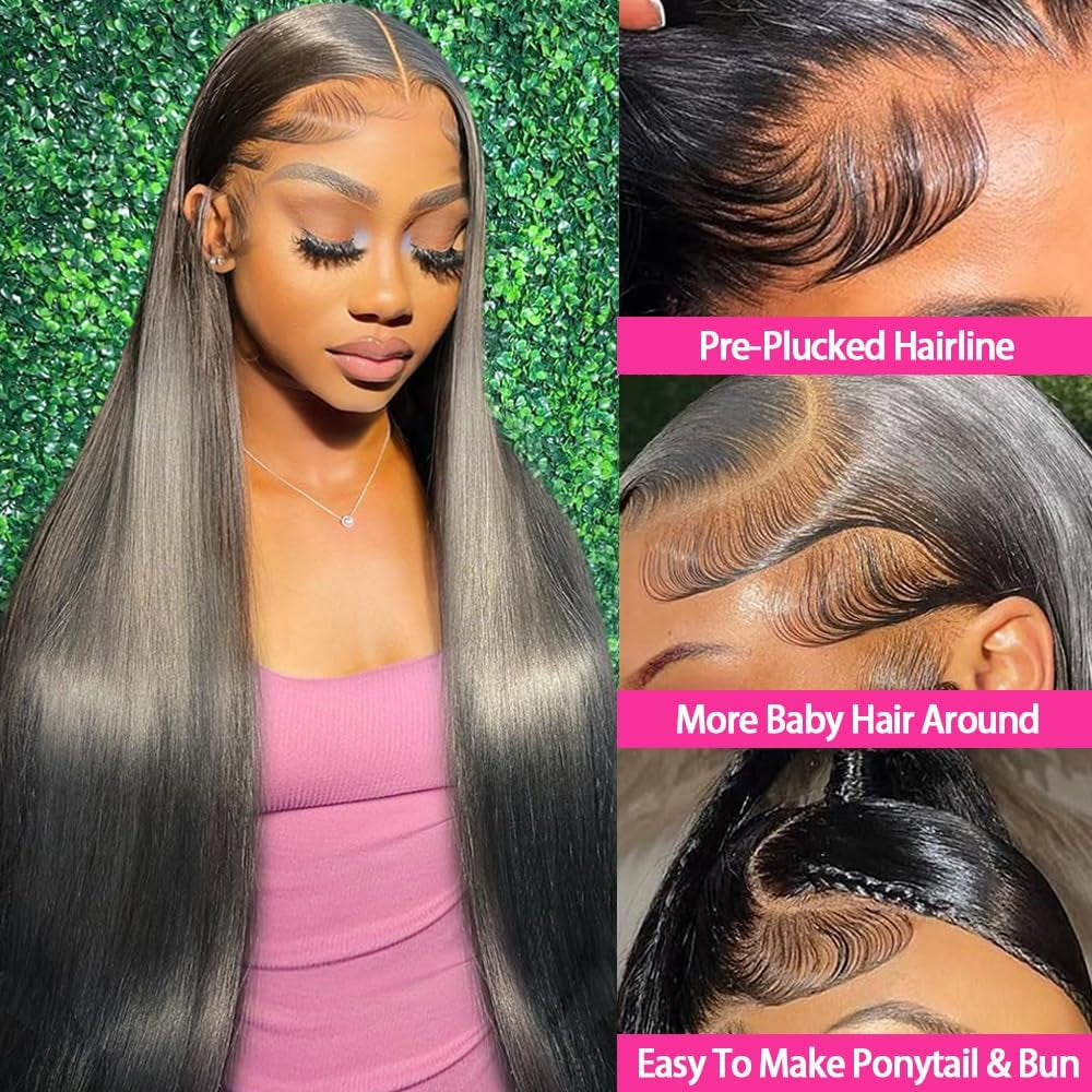 34 Inch Lace Front Wig Human Hair 200 Density 13X4 HD Pre Plucked Glueless for Women Straight Natural Color