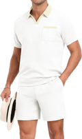 Men'S Summer Track Suits Waffle Knit Polo Shirt and Shorts Set Casual 2 Pieces Outfits with Pockets