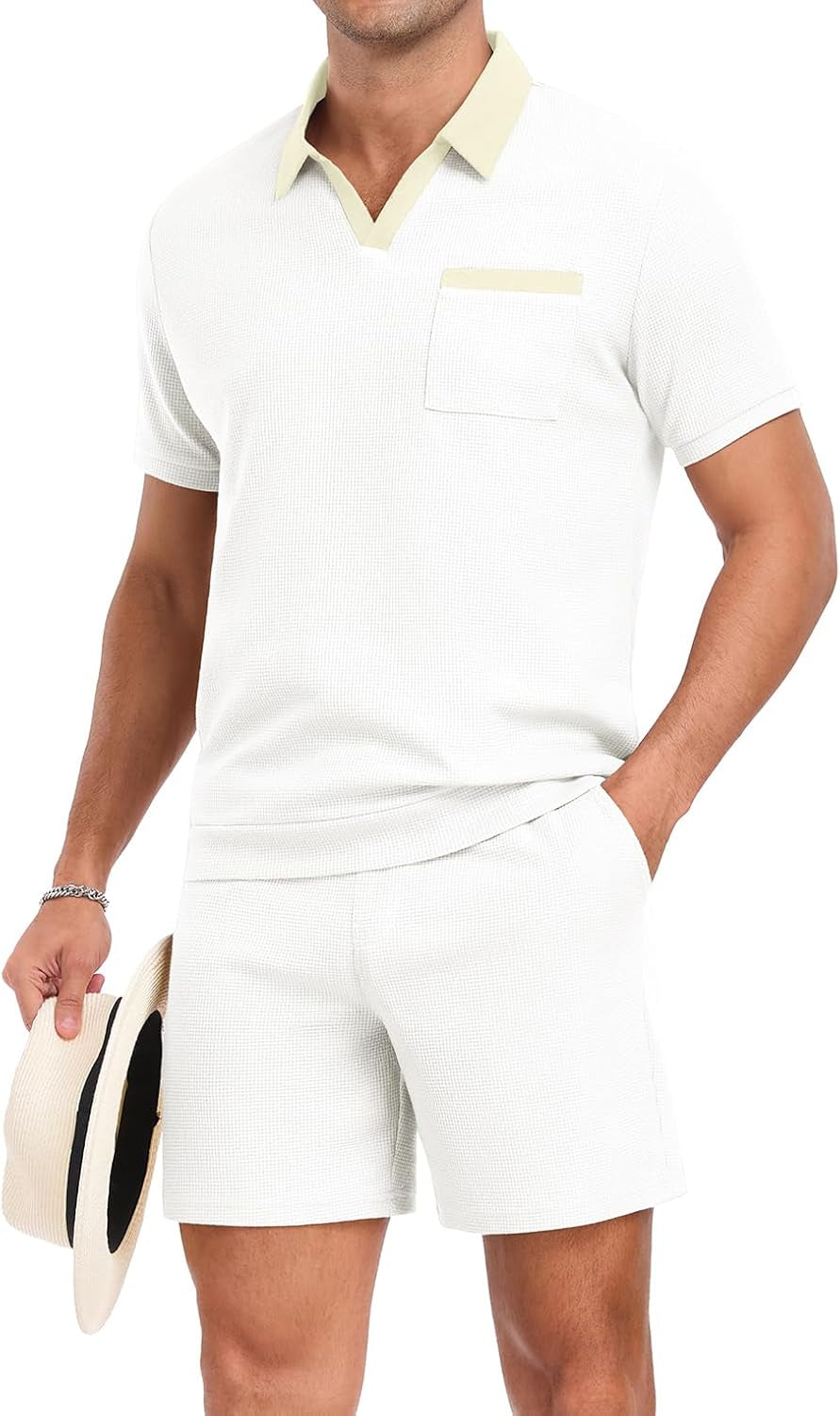 Men'S Summer Track Suits Waffle Knit Polo Shirt and Shorts Set Casual 2 Pieces Outfits with Pockets