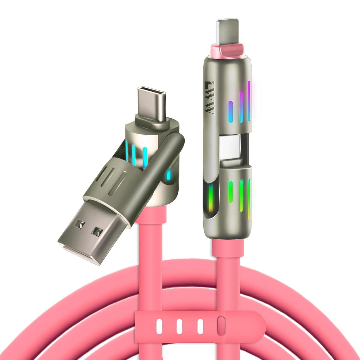 240W 4-In-1 USB C Multi Charger Cable with LED Indicator, PD 5A Fast Charging & Data Sync, Silicone, Compatible for Iphone, Samsung, Laptop, 4FT (Purple)